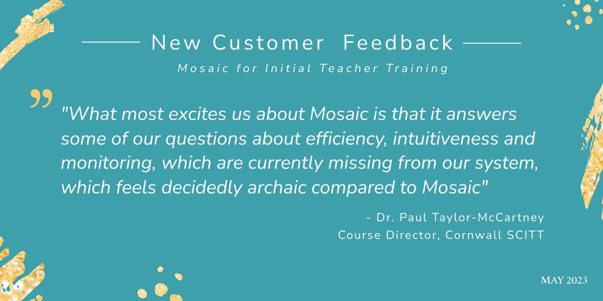 Thanks @CornwallSCITT. It's great to understand more about some of the challenges in ITT. Really glad the @MosaicPenrose platform can help.

#Efficiency #Intuitiveness #Monitoring #ITT #TrainToTeach