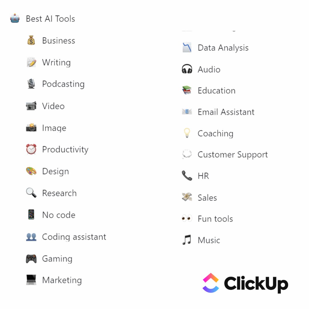 NoCode startups can make you $100K+/year!

But there are so many tools on the internet

I have prepared ClickUp doc containing 100+ tools all across categories

For 24 hours, it's FREE

1. Follow me (so I can DM you)
2. RT this tweet
3. Reply "AI"