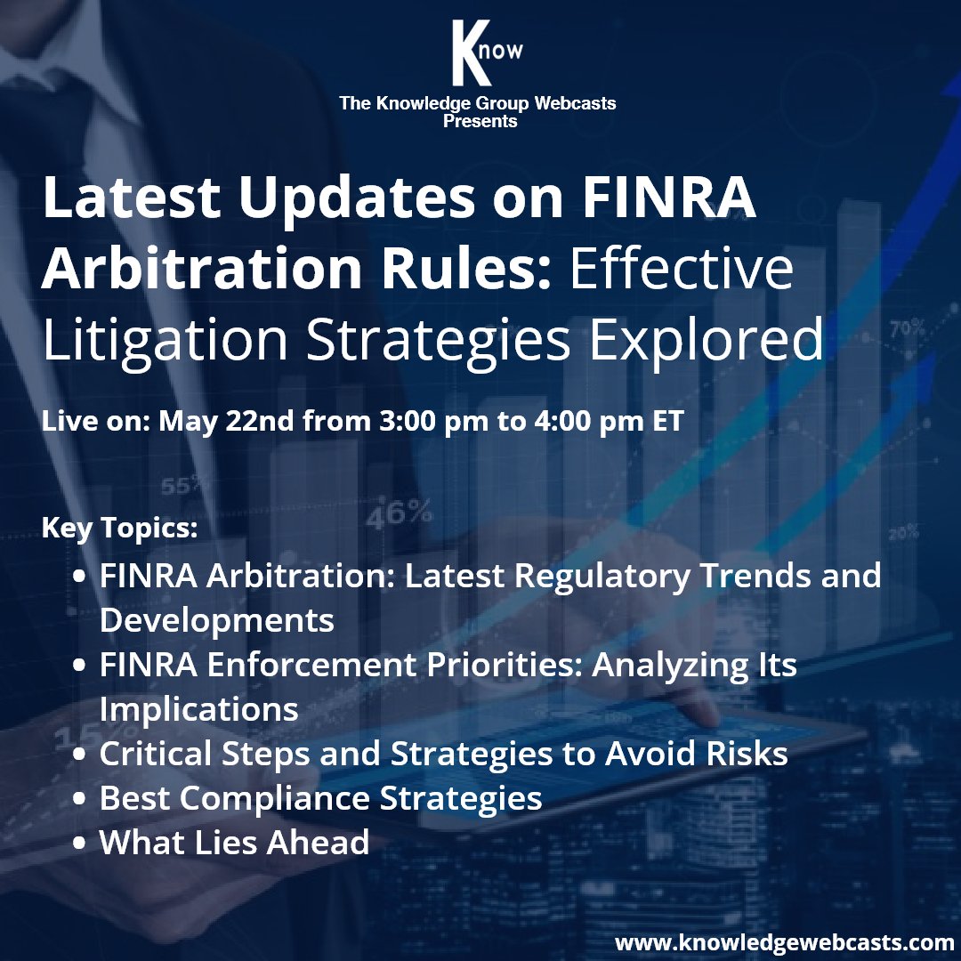 KnowGroupCLECPE's tweet image. At 3 PM ET on Monday, our “Latest Updates on FINRA Arbitration Rules” webcast is going live.

Register now: zurl.co/4G1b

Speakers: Debra A. Jenks, Esq. of Debra A. Jenks, P.A. and Meredith Jowers Lees of @rumbergerkirk

#FINRAarbitration #FINRA #CLEwebcast #tkg