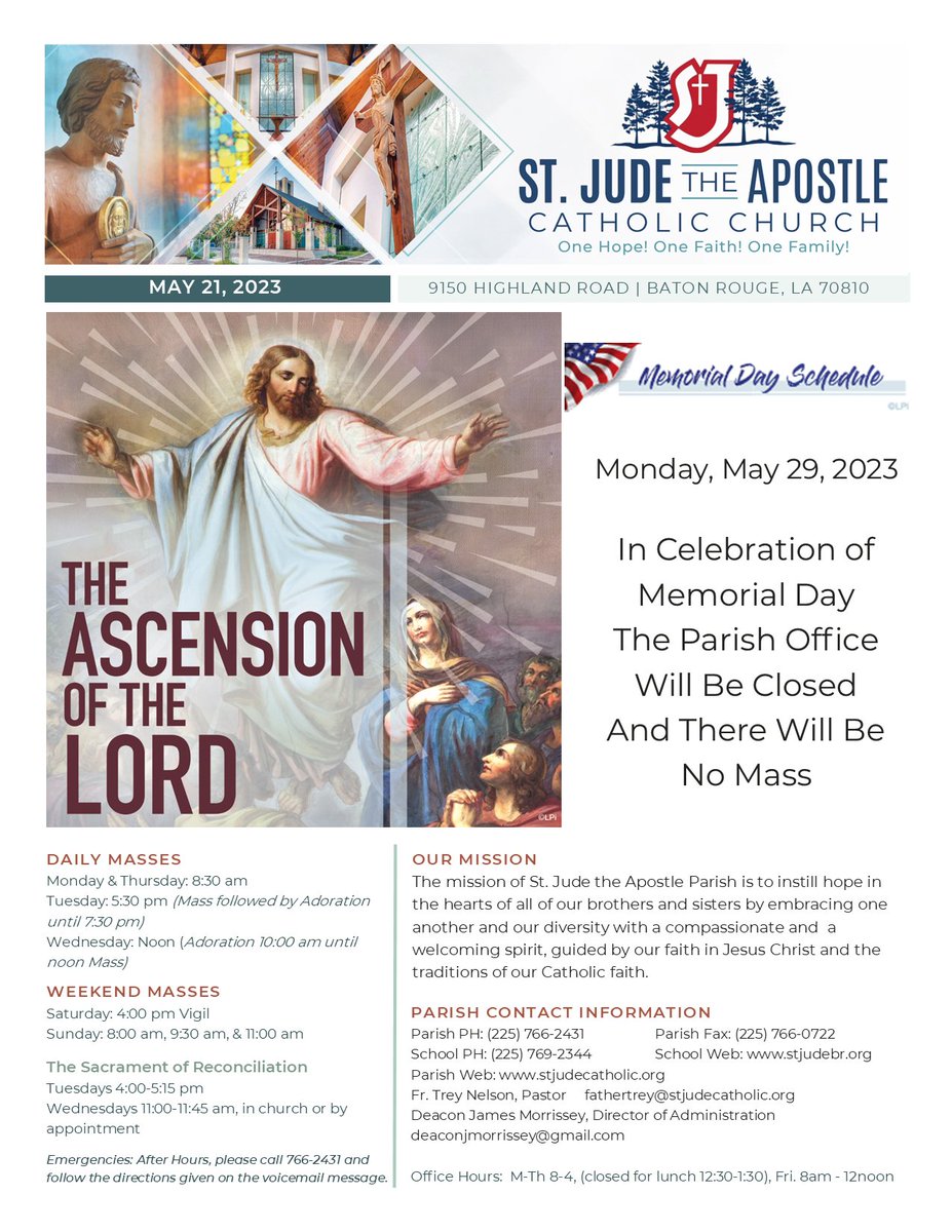 Happy Friday! Our Weekly Bulletin is now available on our website, our MyParish App, in church, or by clicking here:  stjudecatholic.org/content.cfm?id… 
#OneHopeOneFaithOneFamily #StJudeBR #helperofthehopeless