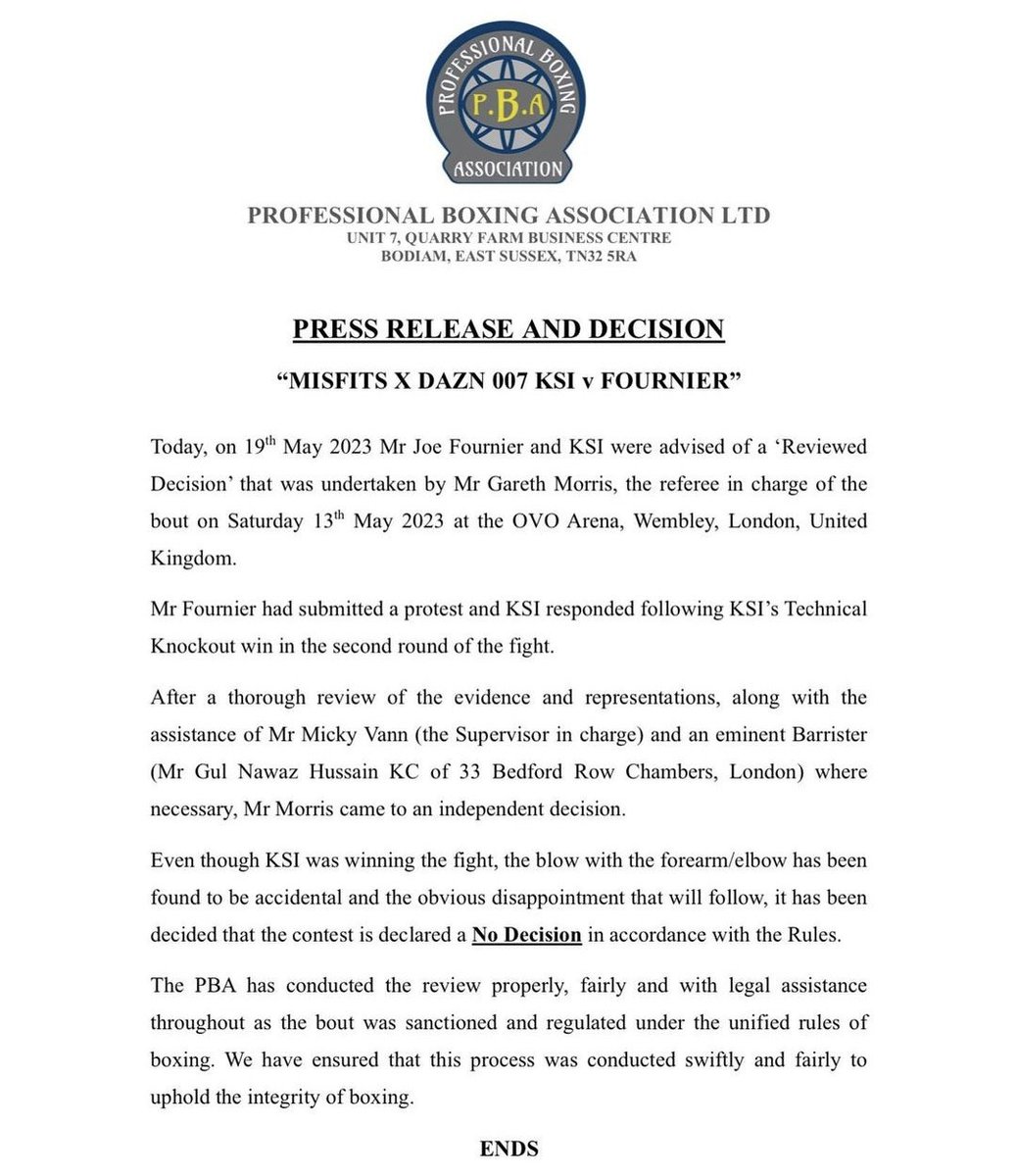 ‼️ The PBA's official decision on Joe Fournier's appeal. #KSIFournier