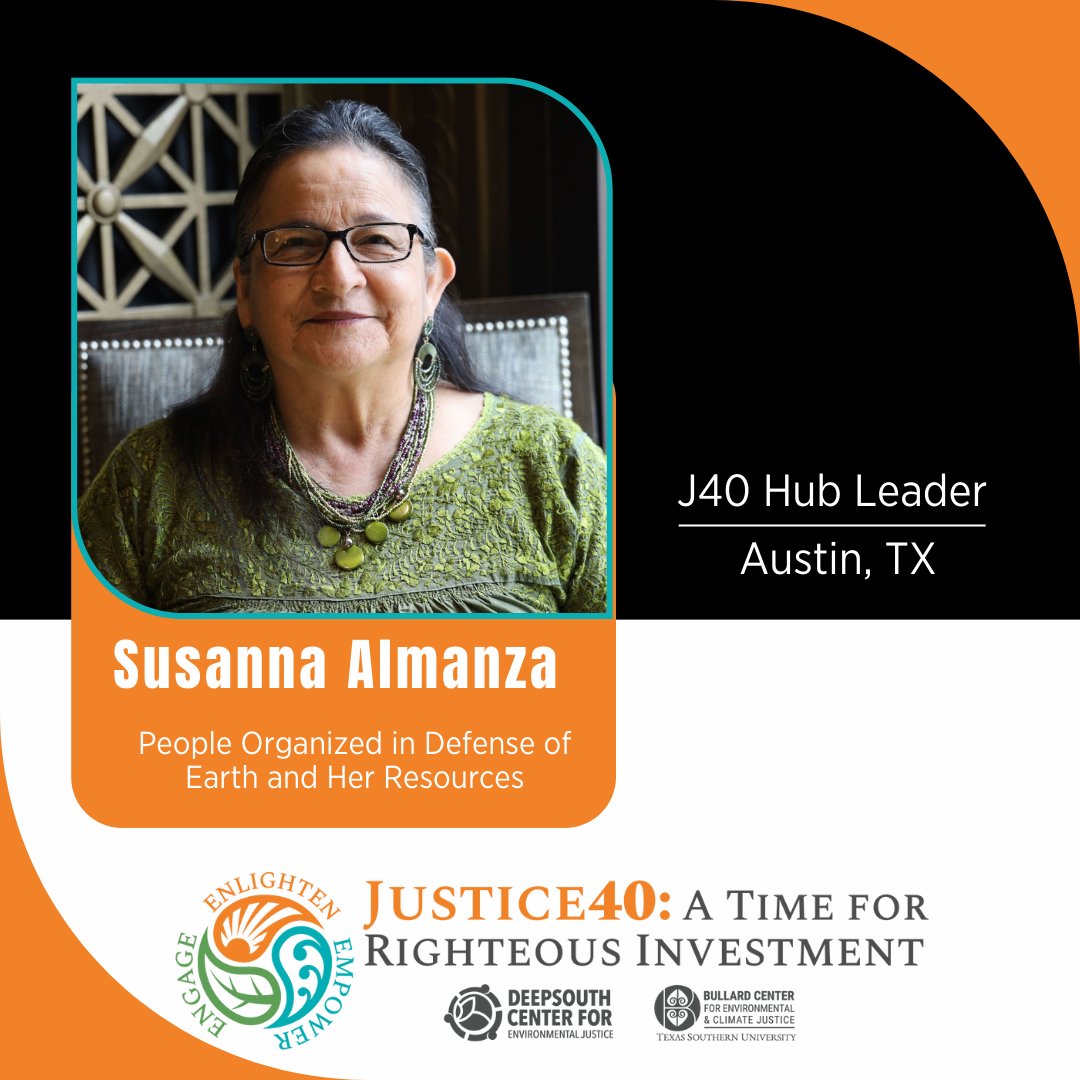 Susanna Almanza is one of our #Justice40 Hub Leaders and a founding member of PODER. PODER is a women-led, social justice org formed to increase the participation of residents in decisions related to #environmentalprotection of local communities. 

More: poderaustin.org