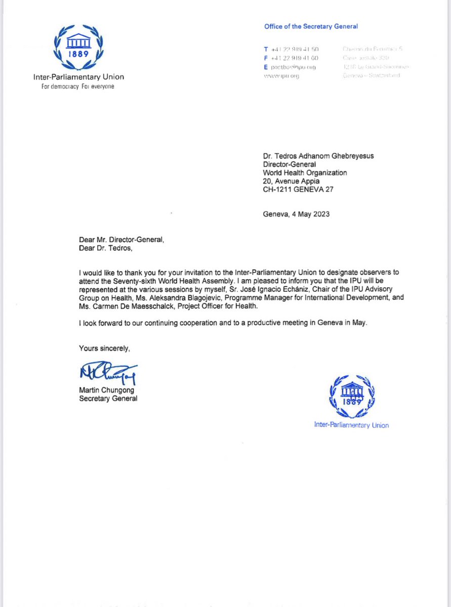 It is an honor to represent the Parliamentarians of the planet at the World Health Organization Assembly in Geneva as Chairman of the IPU Health Commission <a href="/IPUparliament/">IPUparliament</a> <a href="/WHO/">World Health Organization (WHO)</a>.