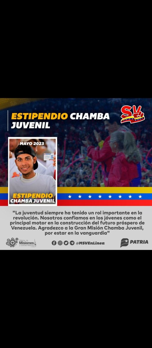 🚨 #ÚLTIMAHORA || Inicia la entrega del estipendio de Gran Misión Chamba Juvenil (Mayo 2023) enviado por nuestro Pdte. @NicolasMaduro a través del Sistema @CarnetDLaPatria.

@MSVSocial #18May #TuiteroPatria #CooperaciónYSolidaridad