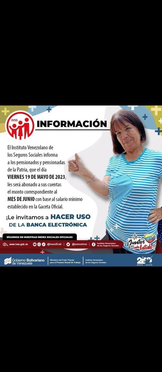 📣#ENTÉRATE 

Atención Pensiónadas y pensiónados del #Ivss este viernes 19 de mayo se realizará el pago de la pensión correspondiente al mes de junio.

Monto : 130.00 Bs.

#CooperaciónYSolidaridad