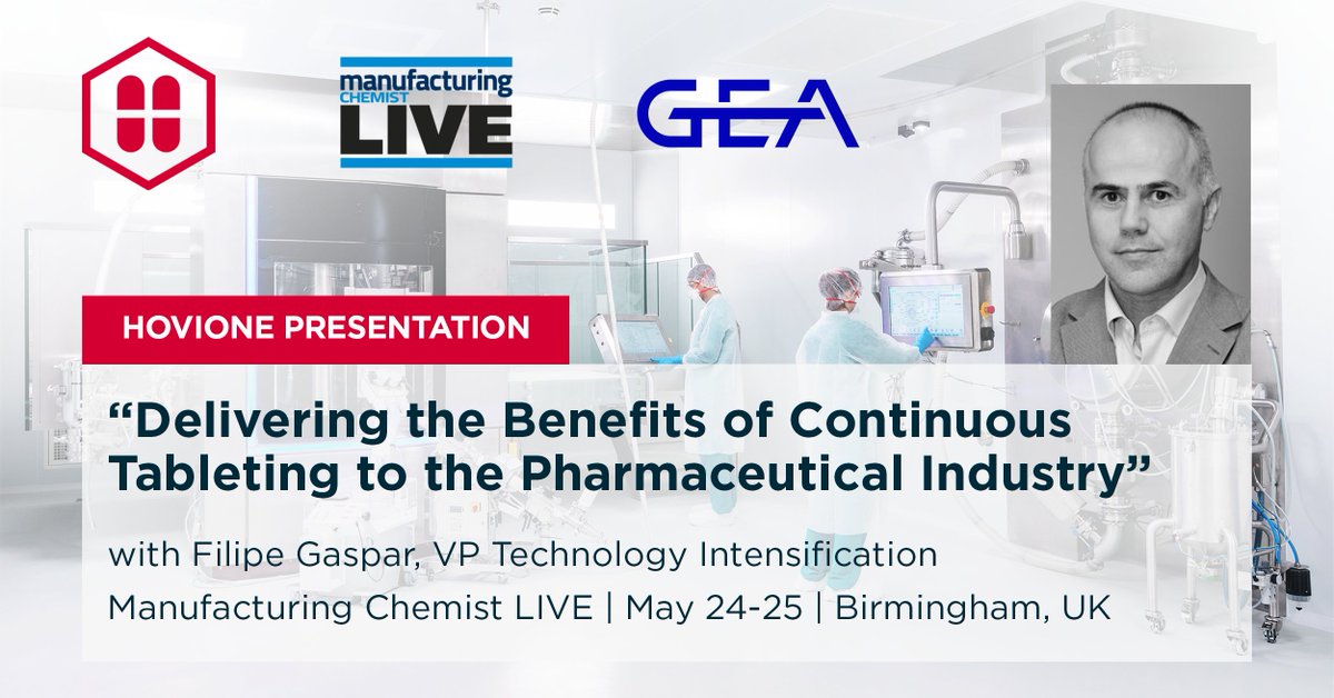 HovioneGroup's tweet photo. Join us at the Manufacturing Chemist LIVE and don’t miss Hovione and @GEAPharma presentation on “Delivering the Benefits of Continuous Tableting to the Pharmaceutical Industry”. https://t.co/meorOV2Cey #GEA #continuoustableting #drugproduct #ManufacturingChemistLIVE #initforlife https://t.co/iFzD51BCVZ