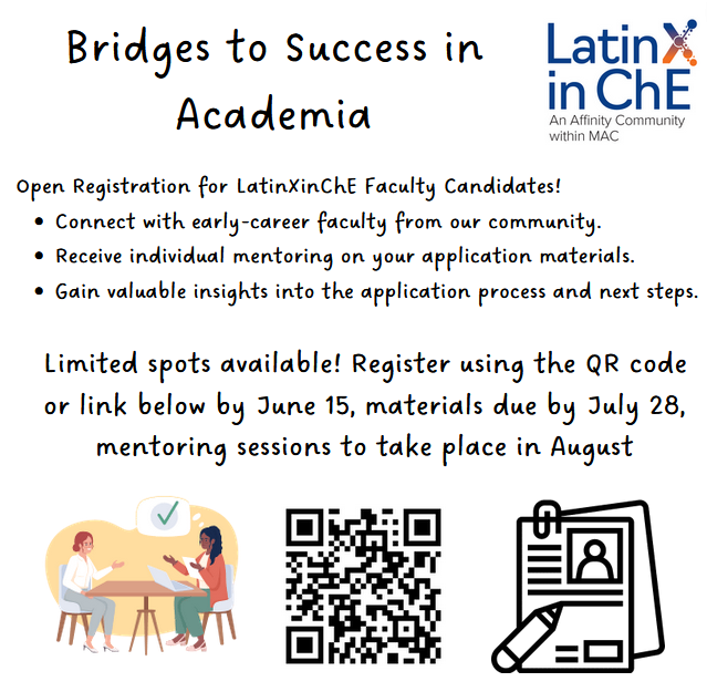 LatinXinChE's tweet photo. Join #LatinXinChE for a career-boosting event! Get personalized feedback on your  application materials for faculty applications, Q&amp;A sessions, and  mentorship from fellow faculty.

📅 Registration: Open until June 15th
📝 Register in https://t.co/mxBXmqNBIP or on the QR code. https://t.co/KgBUM1HvUe