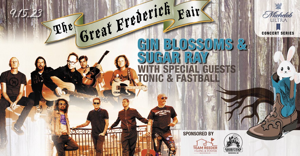 #GreatFrederickFair is excited that <a href="/GinBloss/">Genevieve Scott</a>
Sugar Ray, <a href="/tonicband/">Tonic</a> &amp; <a href="/FASTBALLTHEBAND/">Fastball</a>  will be playing at the Fair on 9/15! <a href="/GrFrederickFair/">Great Frederick Fair</a>