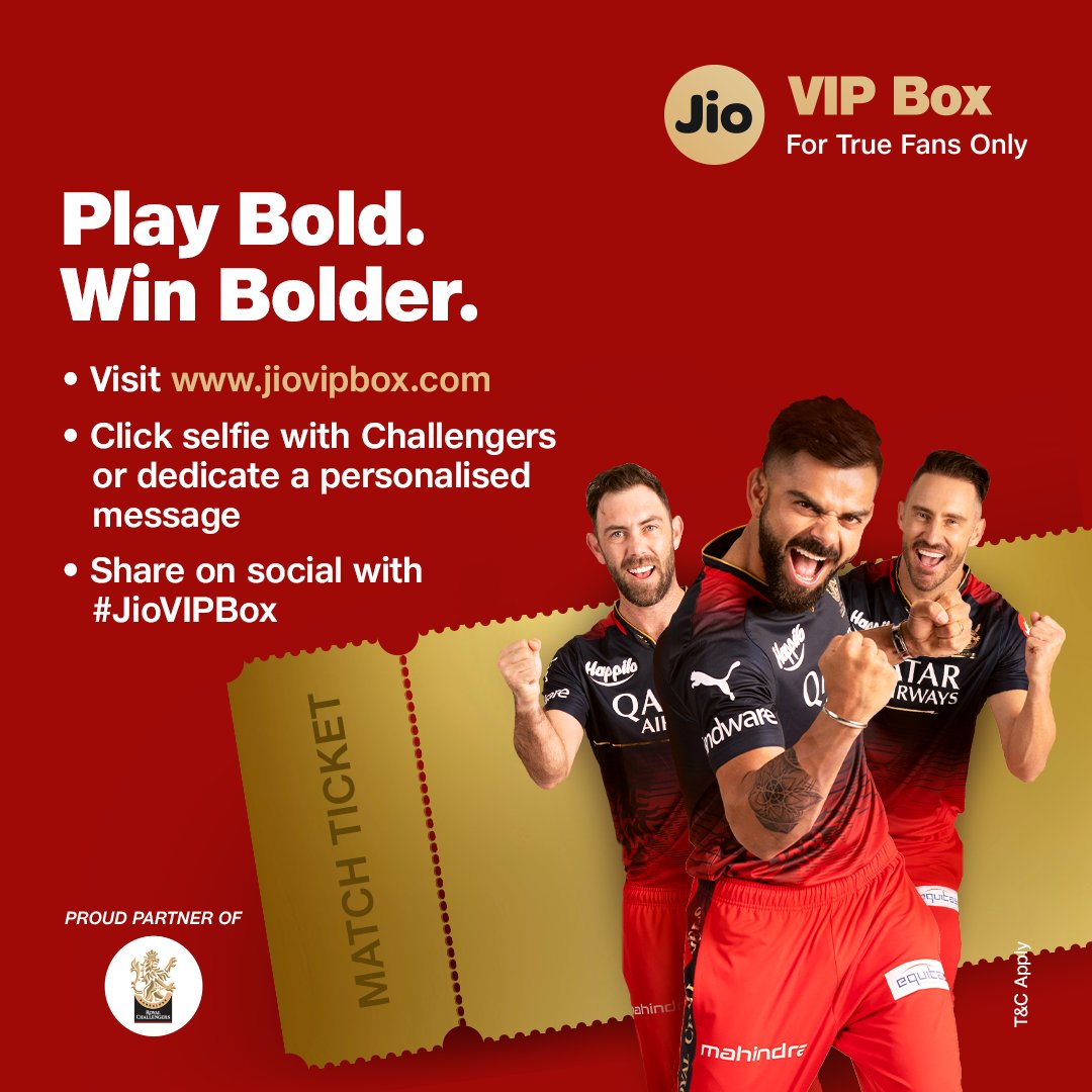 reliancejio's tweet photo. Now that is what we call a bold move! 
Visit Jio VIP Box, click selfies with the Challengers or dedicate a personalised message. Win match tickets, merchandise, and more. 
https://t.co/qq6DalkXHH

#JioVIPBox #MatchTickets #PlayBold 

@RCBTweets https://t.co/I0RRqFUvYg
