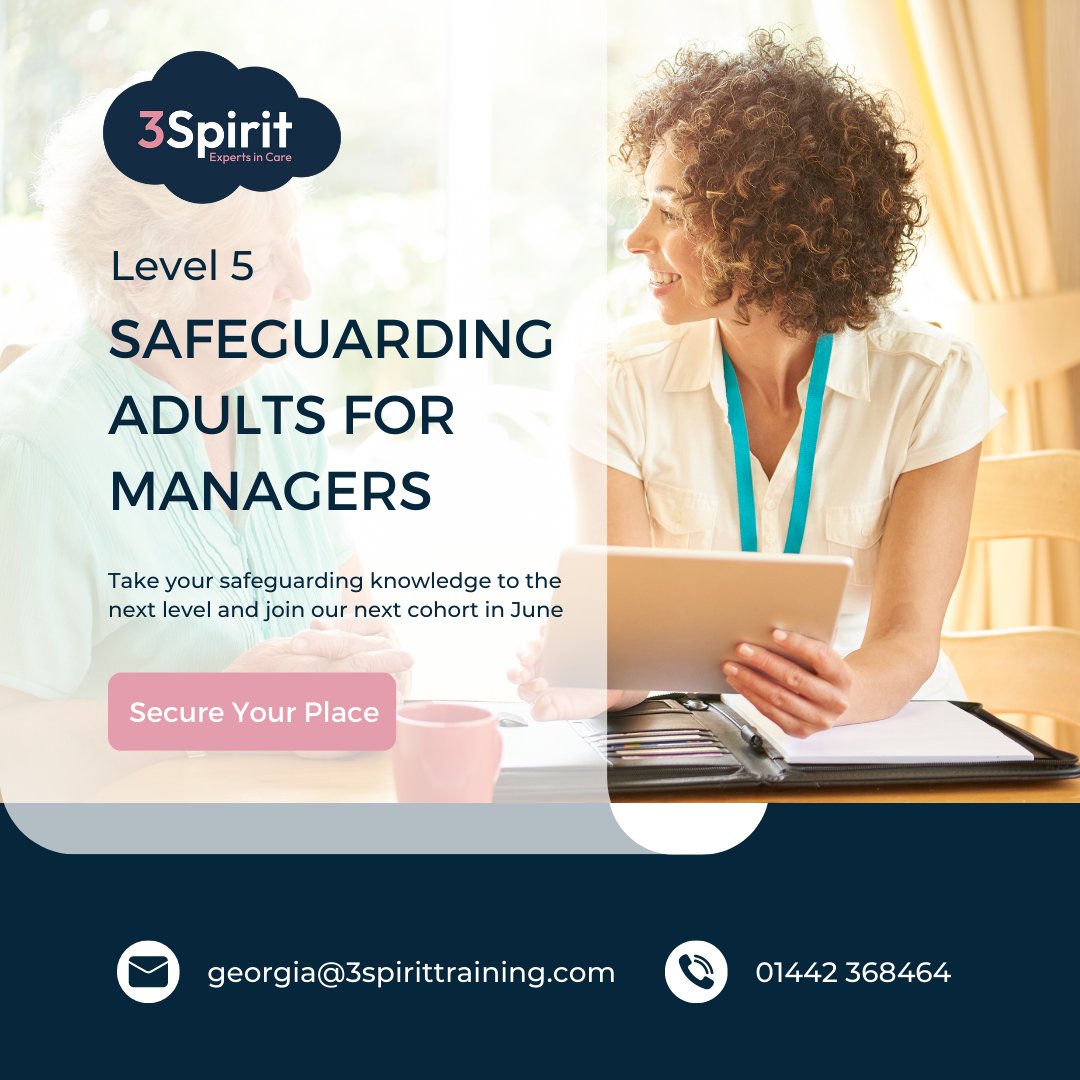 Are you ready to take your safeguarding knowledge to the next level?

3Spirit's highly sought-after Level 5 Safeguarding Adults accredited training course helps you enhance your practice and make a real difference in protecting vulnerable adults.

eventbrite.co.uk/e/level-5-safe…