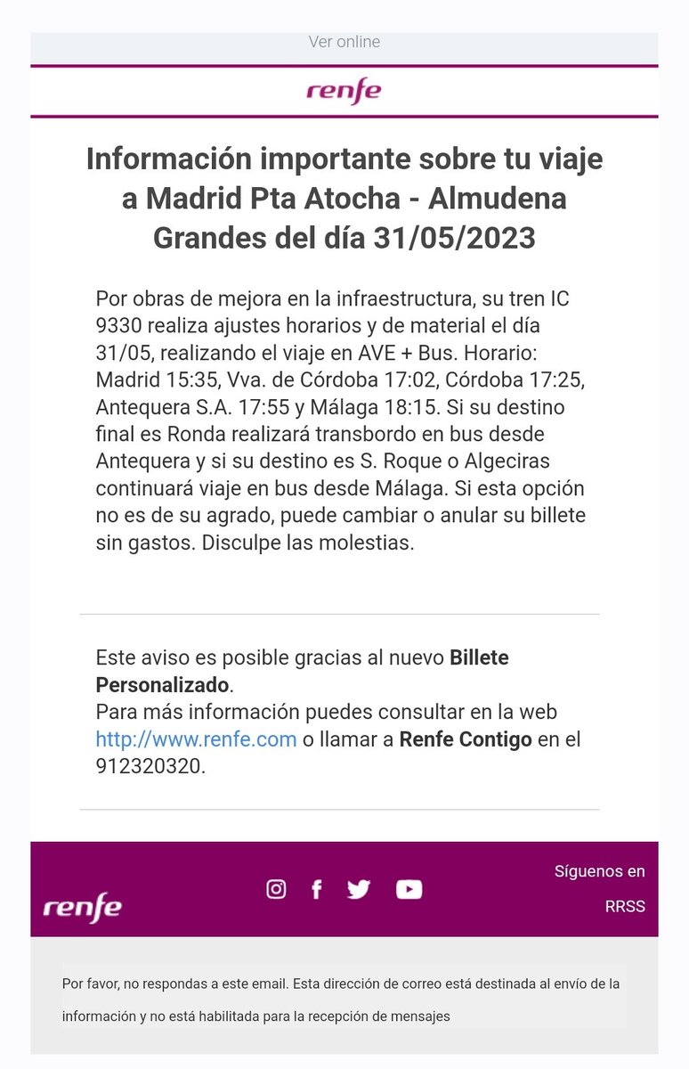 Tren Sevilla-Madrid comprado con antelación en <a href="/Renfe/">Renfe</a>. Llegada esperada sobre las 13. Recibo el siguiente mail que no sé cómo descifrar.  Conclusión: auguro un gran futuro a cualquier compañía que preste un mínimo de atención a la experiencia de cliente <a href="/iryo_eu/">iryo.eu</a> <a href="/OUIGO_Es/">OUIGO España</a>