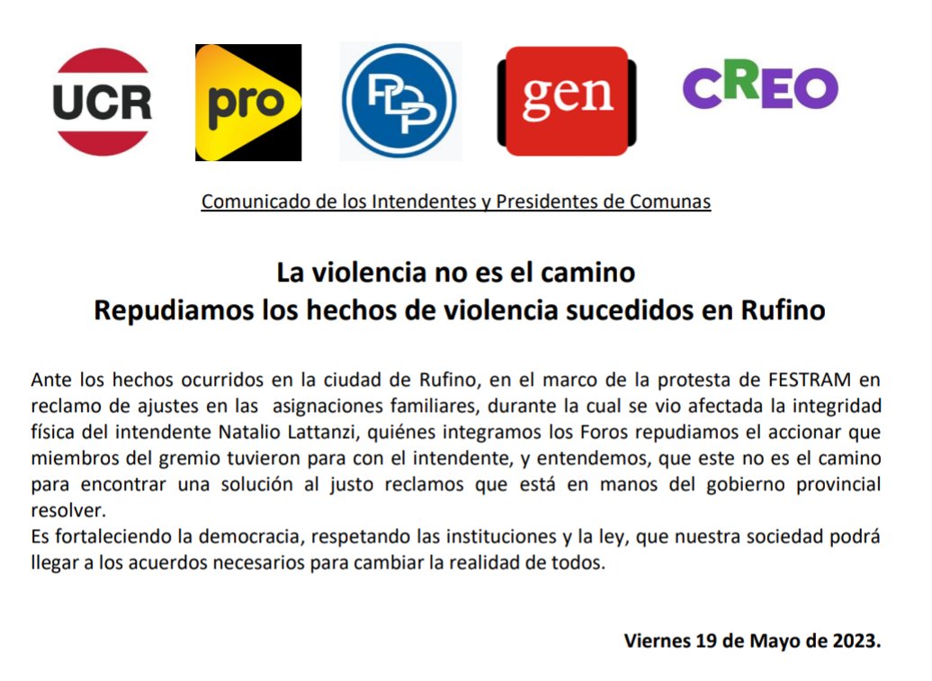 fororadicalSF's tweet photo. La violencia no es el camino, repudiamos los hechos ocurridos en la ciudad de Rufino durante los reclamos gremiales #ucr https://t.co/MTvTeAP29K