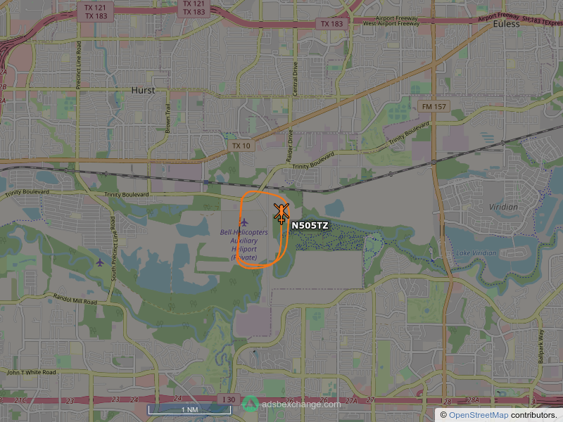 N505TZ, a Bell Helicopters 505, is circling over Fort Worth at 850 feet, speed 84 MPH, 0.8 miles from Bell Helicopters Auxiliary Heliport globe.adsbexchange.com/?icao=a64e44&z…