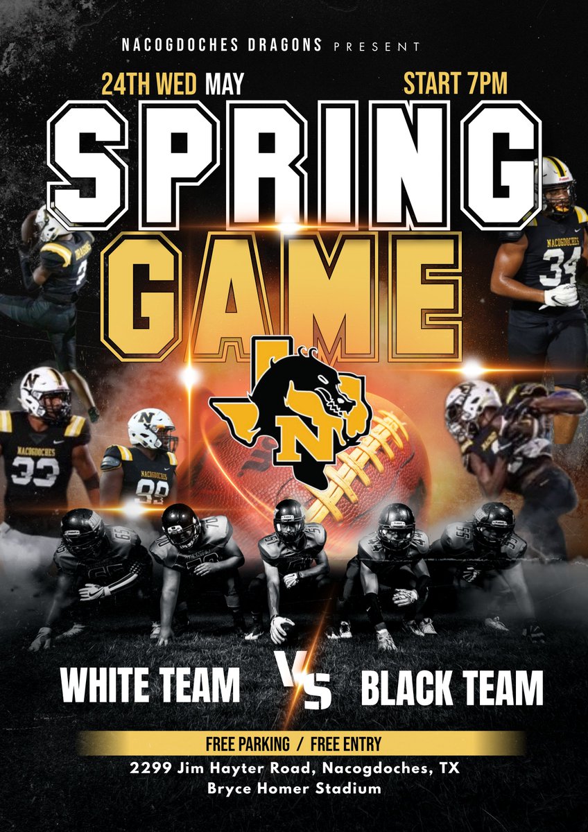 NacDragons's tweet photo. Spring Football game has been moved to SFA. Due to the Flooding and the bad storm, the field is being evaluated for safety concerns and the lights are having to be moved back into place. Come out and support the boys on Wednesday May 24. https://t.co/gosYq4hYs7
