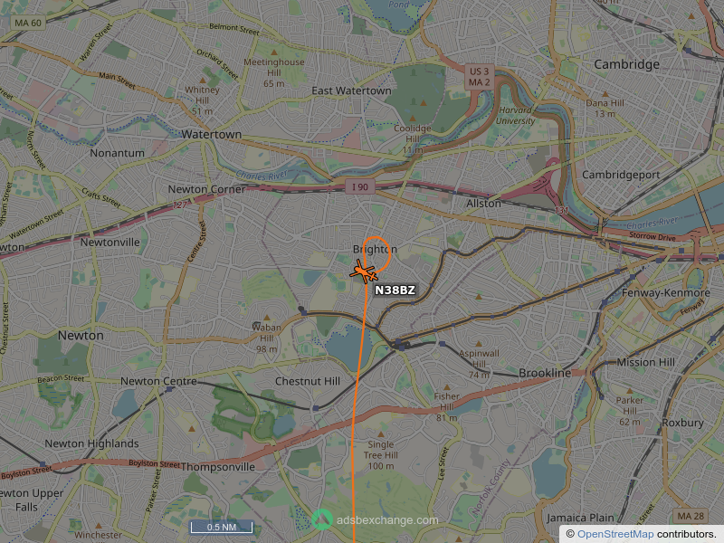 N38BZ, a Bell 206-L-4, is circling over Brookline at 800 feet, speed 22 MPH, squawking 0336, 0.3 miles from Pine Manor Junior College globe.adsbexchange.com/?icao=a45922&z…