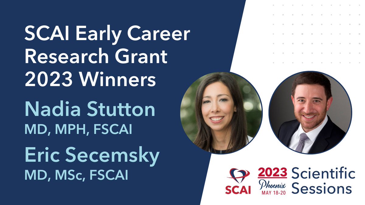 Lastly, our 2023 Early Career Research Grant Winners have been announced! Congratulations to @nadia_sutton for being awarded the SCAI/@abbottcardio research grant and @EricSecemskyMD for being awarded the SCAI/@CSI360 research grant 🎉 scai.org/scai-announces… #SCAI2023