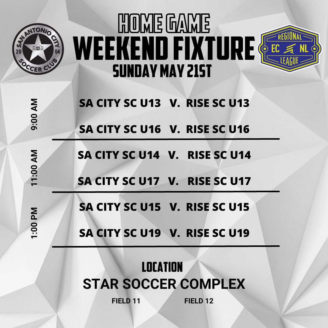 Our SA City ECNL-RL are home this weekend! They are playing against RISE at STAR! Stop by and support the boys! 🙌🙌🙌

📍STAR Complex
🗓May 21st, 2023

#BuildingTheCITY #SACityProud
🔵🔴