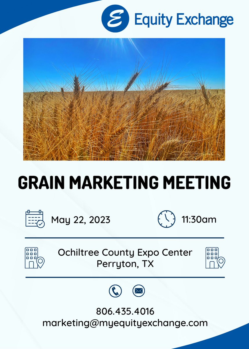 PerrytonEquity's tweet photo. Equity Exchange is hosting another grain marketing meeting next Monday! This meeting is for all Perryton area producers. Lunch will be provided!
#agriculture #cooperative https://t.co/EcX1kn6PaD