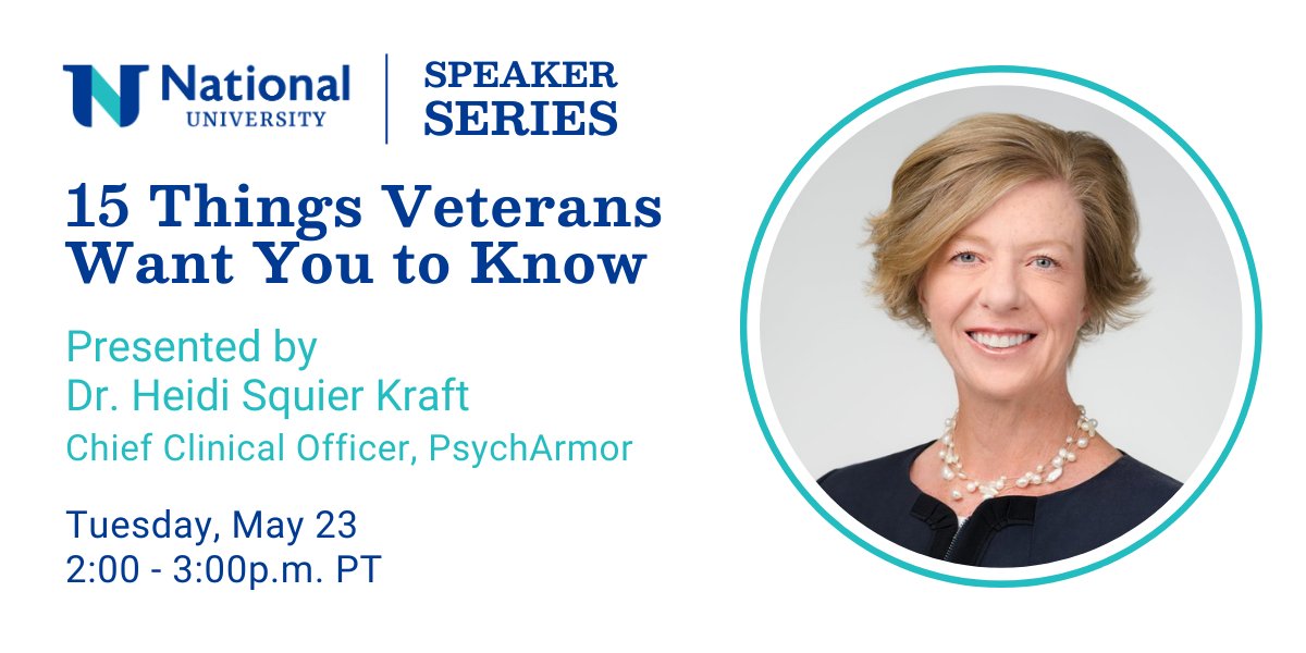 National University (@natuniv) on Twitter photo 📣 Join our next Speaker Series event with Dr. Heidi Squier Kraft from <a href="/PsychArmor/">PsychArmor</a> and our own SVP Meg O’Grady for a conversation on "15 Things #Veterans Want You to Know”! Mark your calendars for May 23 at 2 p.m. PDT and register now: 📣 Join our next Speaker Series event with Dr. Heidi Squier Kraft from <a href="/PsychArmor/">PsychArmor</a> and our own SVP Meg O’Grady for a conversation on "15 Things #Veterans Want You to Know”! Mark your calendars for May 23 at 2 p.m. PDT and register now: