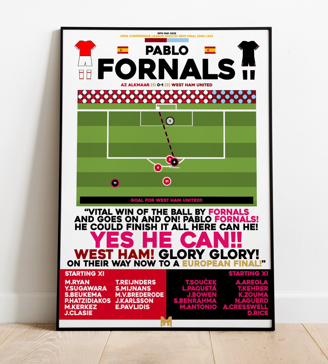 WestHam_Central's tweet image. 🚨FRAMED PRINT GIVEAWAY🚨

To celebrate West Ham's European Final, MezzalaDesigns.co.uk are kindly giving away a A3 Framed Print of Pablo Fornal's Iconic Goal v AZ🇪🇸⚒️

To enter 👇

🔄 Retweet this tweet
🤝 Follow @WestHam_Central &amp;amp; @MezzalaDesigns

#COYI #WHUFC