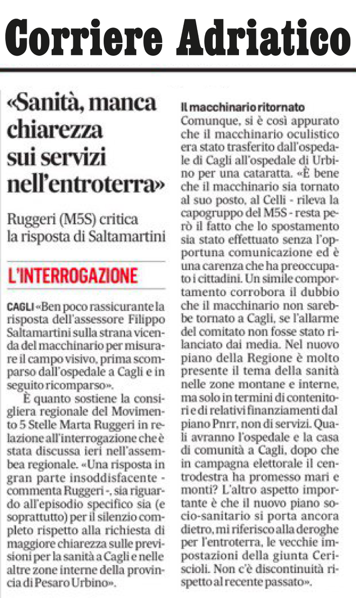 marta_ruggeri's tweet photo. Interrogazione di M5S sulla sanità
Servizi all’entroterra, la giunta continua a nascondersi
Ruggeri incalza sul caso dell’oculistica a Cagli e sulla scarsa chiarezza riguardo all’ospedale e alla casa di comunità https://t.co/LK8nlFc48g