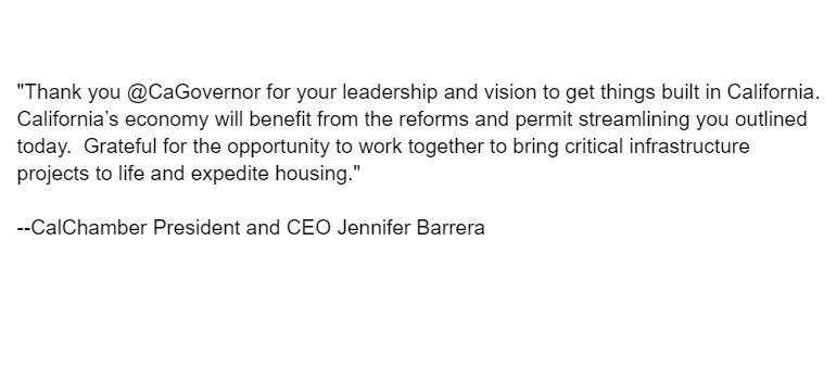 CalChamber's tweet photo. Statement from @CalChamber President/CEO Jennifer Barrera @CalChamberJen, on Governor Gavin Newsom's @CAgovernor actions to speed up infrastructure projects:
#CaliforniaInfrastructure #infrastructure #CAHousing #CEQAReform #PermitStreamlining https://t.co/CkGmjiWogW