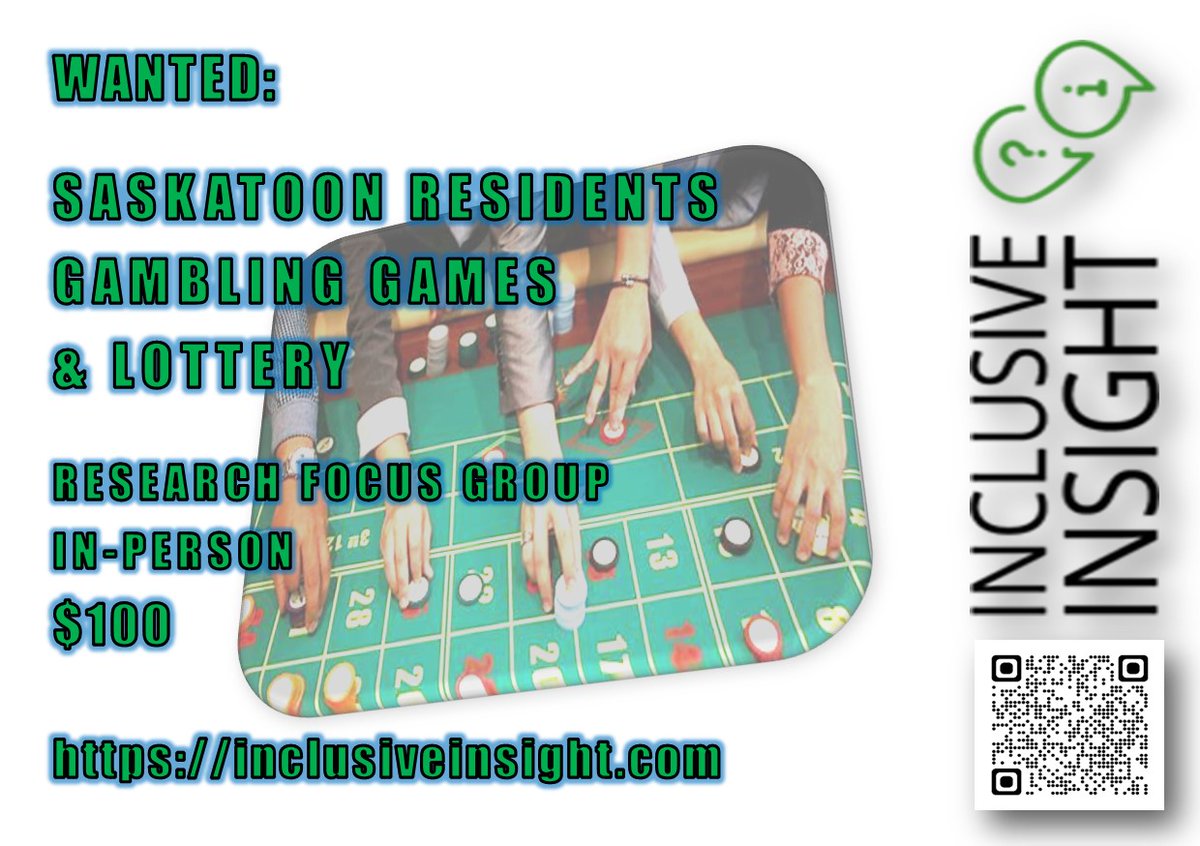 Inclusive_ins's tweet photo. SASKATOON RESIDENTS GAMBLING GAMES &amp; LOTTERY FOCUS GROUP $100 https://t.co/2Kg7URMNwC #SASKATOON #GamblingTwiiter #gaming #LOTTERY #Saskatchewan #fun #paid #PAIDCASH #GIVEYOUROPINION Hit the link in profile to join https://t.co/KVfHZiks5P