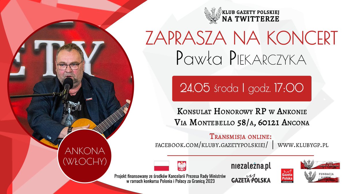 KlubyGP's tweet photo. ANKONA (WŁOCHY) | @KlubyGP na Twitterze zaprasza na koncert @PiekarczykPL
🎶 24.05  | godz. 17

„Projekt finansowany ze środków KPRM w ramach konkursu Polonia i Polacy za Granicą 2023”
https://t.co/ORuYHSrogp
@GPtygodnik @GPCodziennie @niezaleznapl @malbojko @adorata70 @Mir__AS https://t.co/QtrumBfDye