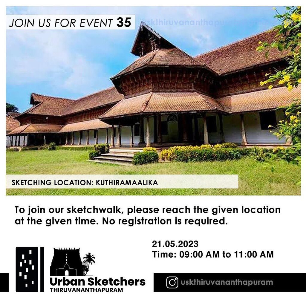 Join @uskthiruvananthapuram for event 35

Date: 21.05.2023
Sketching location: Kuthiramaalika, Near Padmanbhaswami temple
Time :9.00am - 11.00am

Please Note that there is a change in time of sketchmeet for this week. Entry fee is required, which is 50 R… instagr.am/p/Csb1Mp3vSTk/