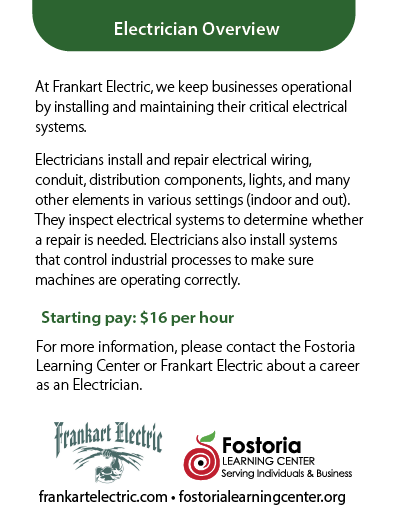 FostoriaEDC's tweet image. You could work for a company like Frankart Electric  and help keep businesses operational like ᴀꜱʜᴛᴏɴ does.
Electricians understand how to repair:
-Electrical Wiring
-Conduit
-Distribution Components
-Lights
-Machines
Starting Pay 
$16 per hour
#makeithere #fostoriaproud