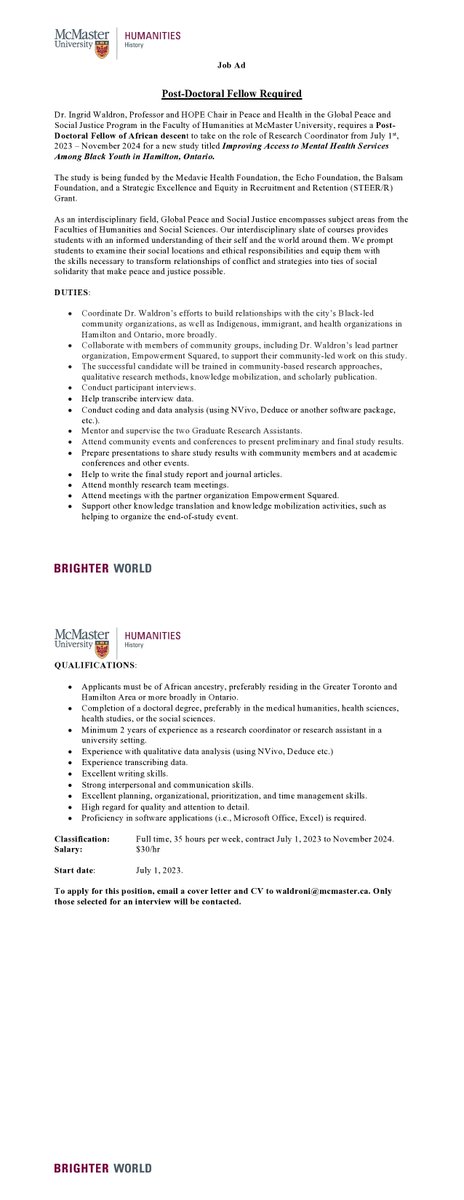 I am looking for a Postdoctoral Fellow of African descent to work with me on a study that focuses on experiences of mental illness and help-seeking among Black youth in Hamilton, Ontario. Must live in the Greater Toronto and Hamilton Area or Ontario, more broadly.