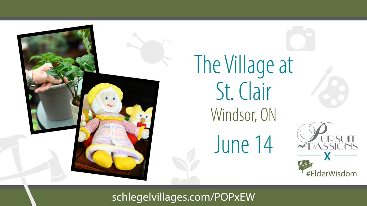 June 14th at The Village at St. Clair (1800 Talbot Road)

Pursuit of Passions x #ElderWisdom Gala Exhibit

Doors open at 2:30 pm, formal agenda at 4:15 pm.

Register your attendance: schlegelvillages.com/POPxEW

#SeniorsMonth #Windsor #YQG