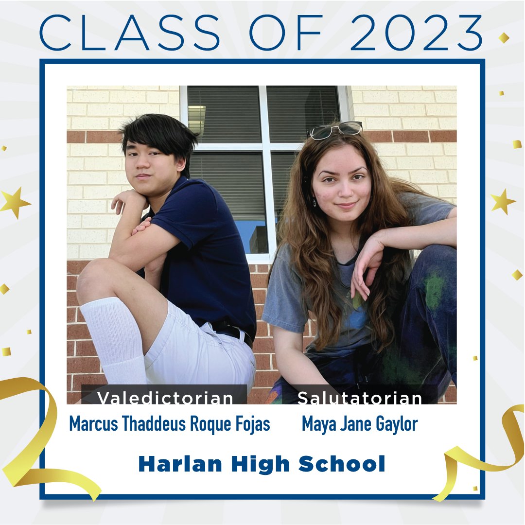 NISD's tweet photo. Congratulations to the 2023 Valedictorian and Salutatorian from Harlan High School! Marcus will be attending the University of Texas at Austin, and Maya will be attending Our Lady of the Lake University. Congratulations grads! 🎉 🎓 https://t.co/k8UNYUr0Ly