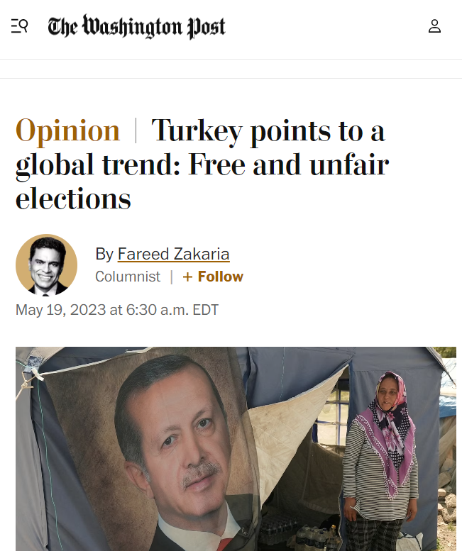 Seçime ilişkin en iyi değerlendirmelerden birini Washington Post'ta Fareed Zakaria kaleme almış.
Türkiye'deki seçimlerin özgür olmakla birlikte adil olmadığını, yani ortada gerçek anlamda bir demokrasiden bahsedilemeyeceğini anlatıyor. 
Twit serisiyle özetlemeye çalışacağım: +
