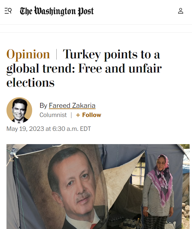 Seçime ilişkin en iyi değerlendirmelerden birini Washington Post'ta Fareed Zakaria kaleme almış. Türkiye'deki seçimlerin özgür olmakla birlikte adil olmadığını, yani ortada gerçek anlamda bir demokrasiden bahsedilemeyeceğini anlatıyor. Twit serisiyle özetlemeye çalışacağım: +