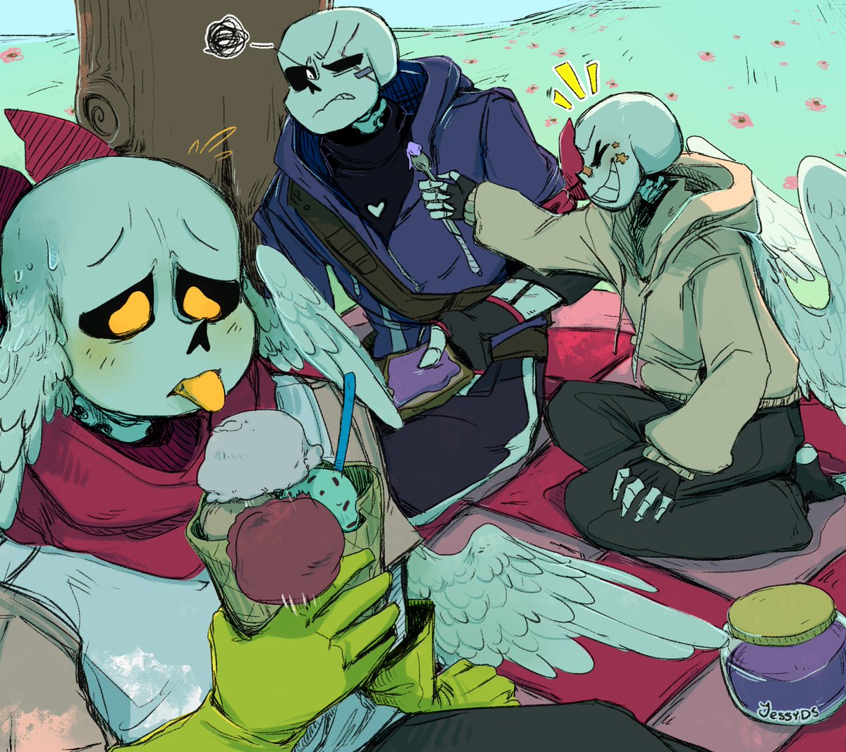 JessyDS17's tweet photo. 🍧 Picnic (COMISIÓN) 🧺
Comisión para @Buubblecorn de sus personajes Jade, Sweet y Blocking! ;D
===
#UndertaleAU #Comision #ArtComission #OriginalCharacter #JessyDS #SweetSans #JadeSans #BlockingSans https://t.co/GDqbMHVi8t