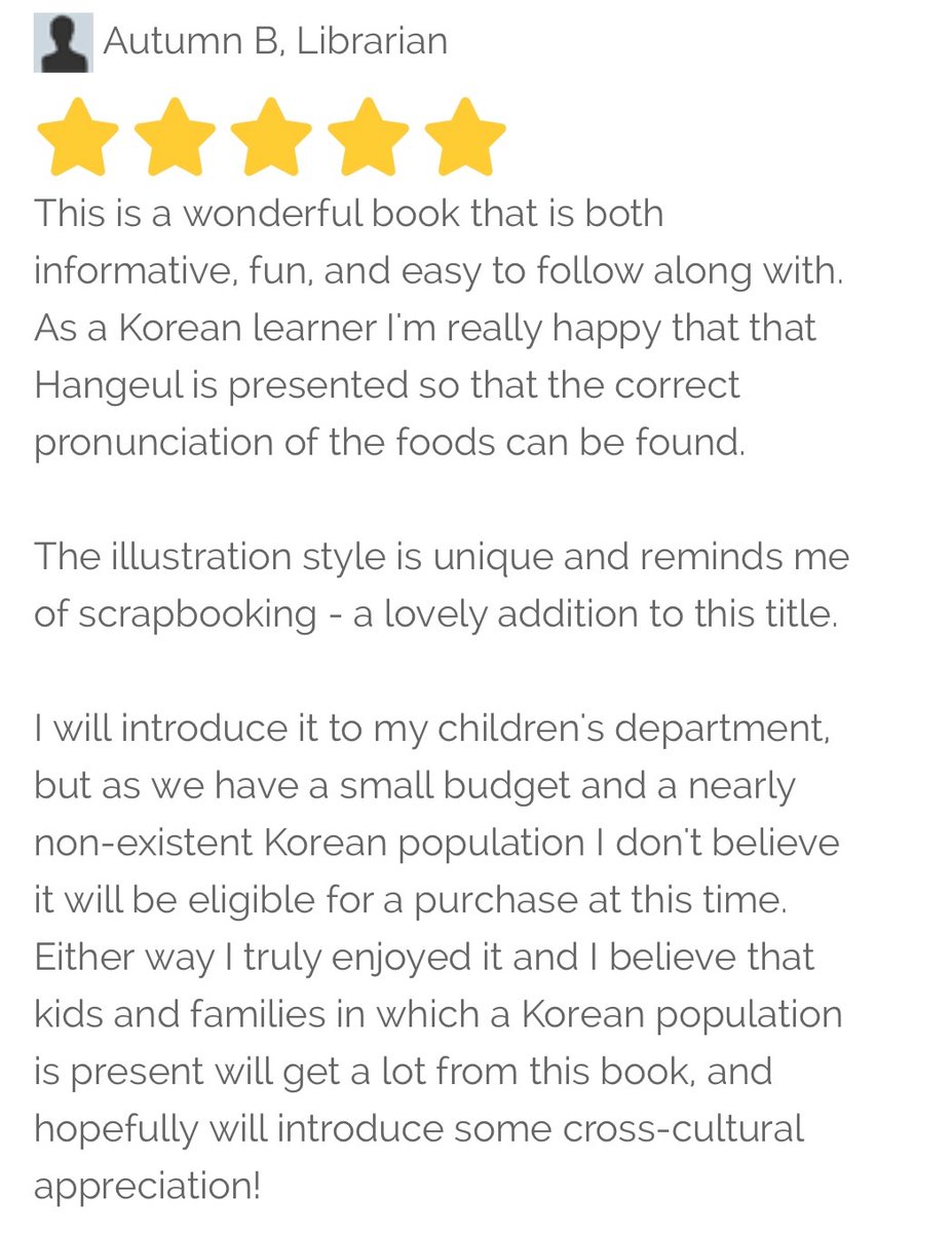 This was a book review from a librarian on a children's book about Korean food by @MichelleLiTV from @gloobooks. It's sad that even someone who appreciates Korean culture thinks that this book is only for places with a 'Korean population.' Libraries are where minds are opened.