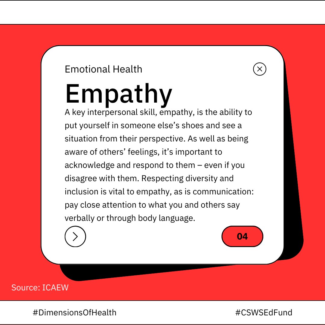 #CSWSEdFund offers these five elements of emotional intelligence. Which element resonates with you? (2/3)

#EmotionalHealth #DimensionsOfHealth #Healing #HealingJustice #HealingTogether