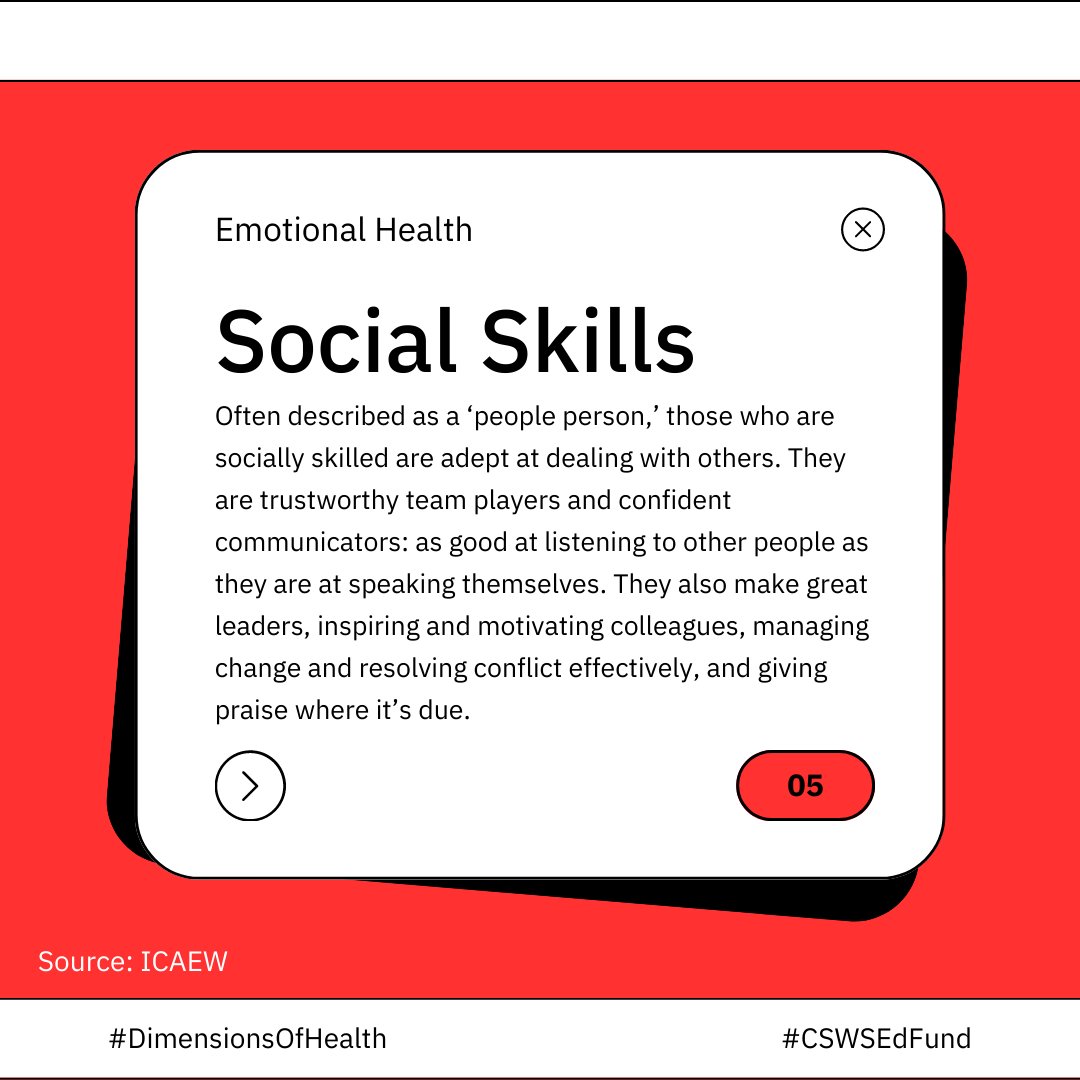 #CSWSEdFund offers these five elements of emotional intelligence. Which element resonates with you? (3/3)
#EmotionalHealth #DimensionsOfHealth #Healing #HealingJustice #HealingTogether