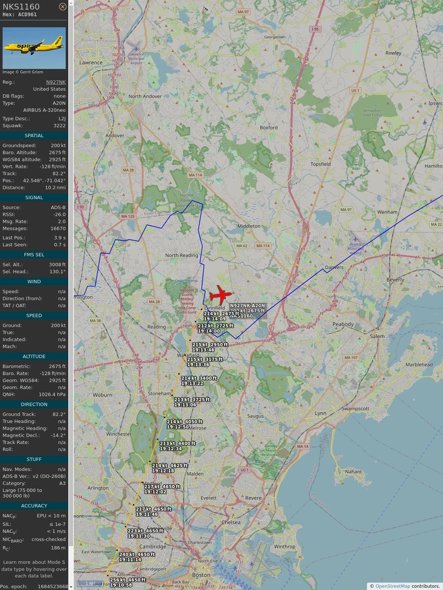 ICAO: #ACD961 Flt: #NKS1160 #SpiritAirlines #MYR-#BOS First seen: 2023/05/19 15:11:22 Min Alt: 4650 ft MSL Min Dist: 1.8 nm Peak Audio: -62 dBFS Loudness: 1 dB #planefence #adsb - planefence.com globe.adsbexchange.com/?icao=acd961