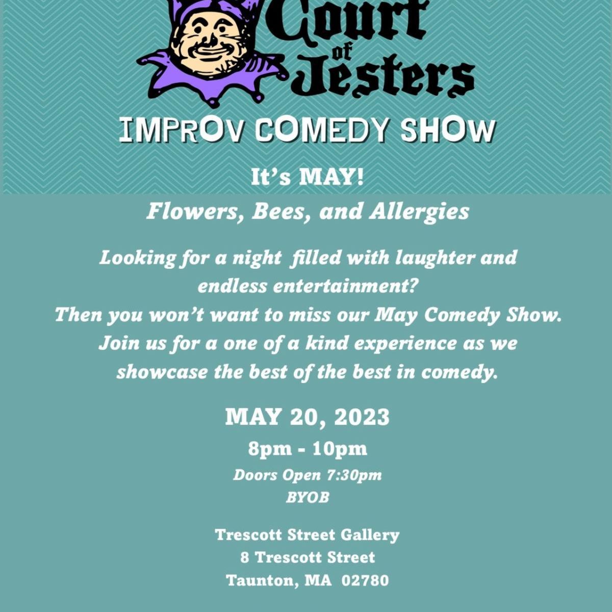 TrescottGallery's tweet photo. Art Jam 2023 postponed due to inclement weather, but no need to stay home. The Court of Jesters will be performing at Trescott Street Gallery May 20, 2023, 8pm - 10pm.  Doors open at 7:30p. BYOB. Tickets-$10pp at the door. See our current newsletter: https://t.co/4z1yYkTvdz https://t.co/GthHJp81HF