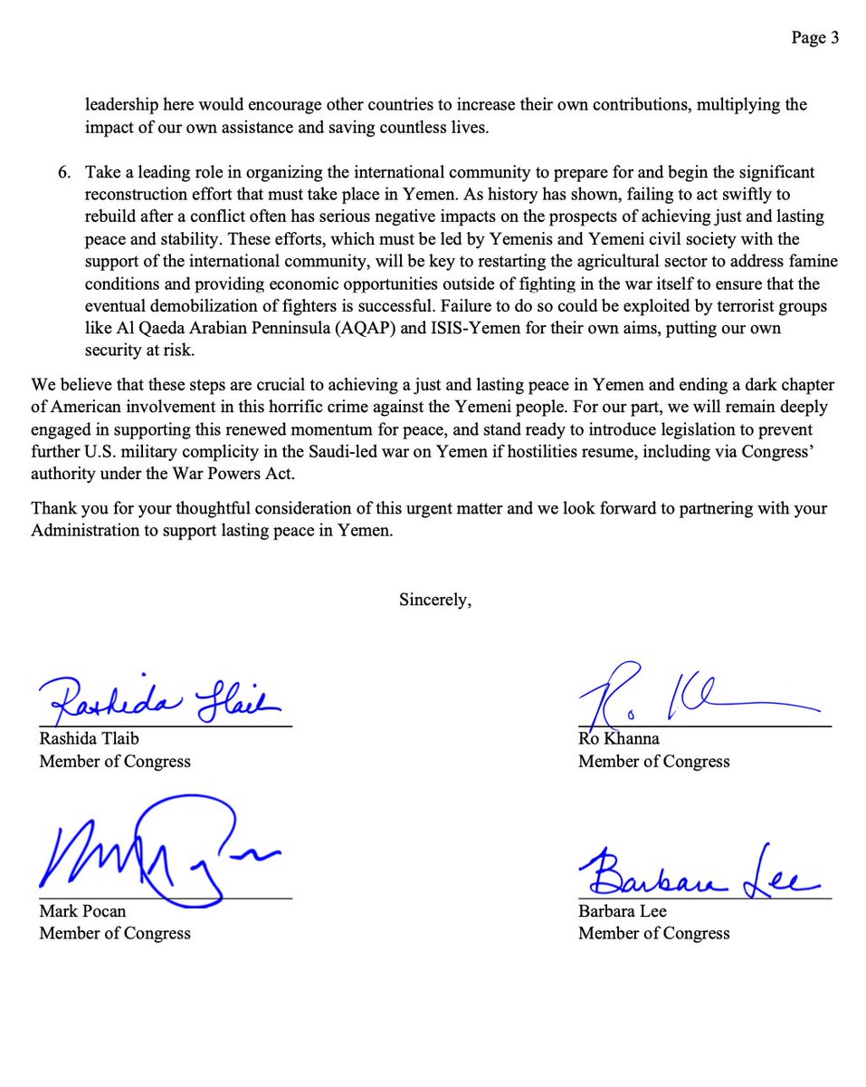 Despite recent progress in peace talks, the ongoing war in Yemen continues to fuel the largest humanitarian crisis in the world. @RepRashida and I are leading the call for @POTUS to support ongoing diplomacy to end the eight-year long war.