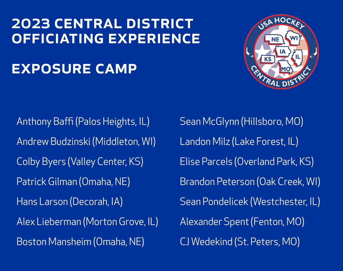 We would also like to congratulate those officials who are confirmed for our Exposure Camp, which takes place June 13-16 at Ames/ISU Ice Arena and Iowa State University. #cdofficiatingexperience #refereedevelopment