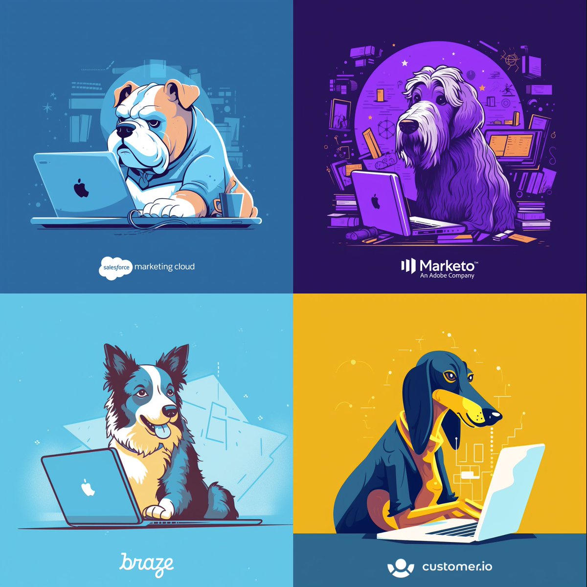 In a recent @humansofmartech interview, Bobby Tichy of @stitch__cx said that marketers represent their tech stack, just like dogs look like their owners. So naturally, I asked ChatGPT and @midjourney what kind of dog represents Marketo, SFMC, @Braze, @CustomerIO and others👇