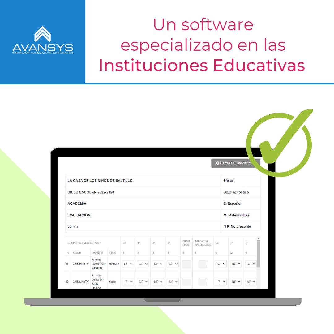 AvansysMx's tweet photo. Con nuestro software, podrás tener un registro en tiempo real de la asistencia y calificaciones de los alumnos, además de contar con un historial detallado de su desempeño académico.

#SoftwareEducativo #GestiónDeAlumnos #ControlDeCalificaciones #ControlDeAsistencias #Eficiencia https://t.co/msiyZrbDLl