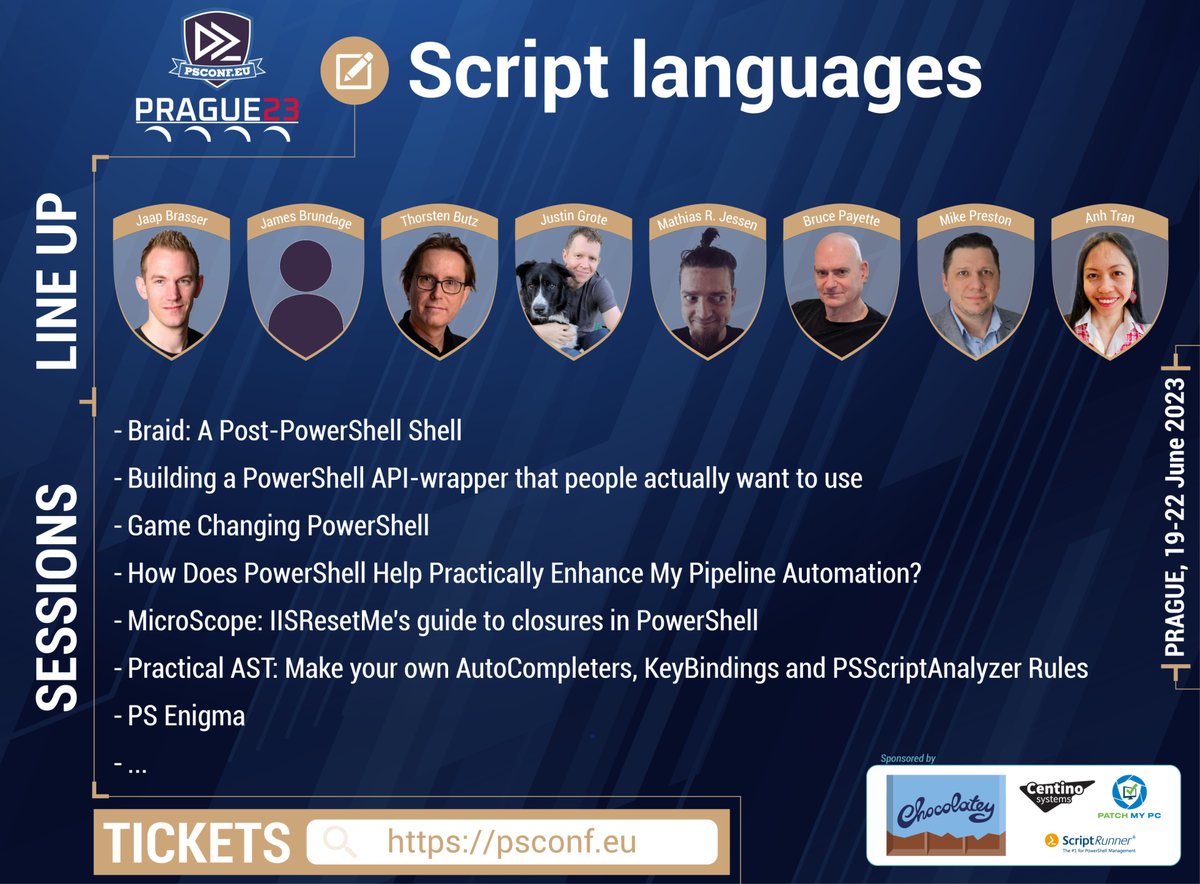 Improve your #pwsh #Scripting skills with @jaap_brasser @jamesbru <a href="/thorstenbutz/">Thorsten Butz 🎗️</a> @justinwgrote <a href="/IISResetMe/">Mathias R. Jessen</a> <a href="/BrucePayette/">Bruce Payette</a> <a href="/mwpreston/">Mike Preston</a> &amp; Anh Tran during the #PSConfEU 2023 in Prague.

Get your ticket for PSConfEU at psconf.eu and meet the #PowerShell experts!