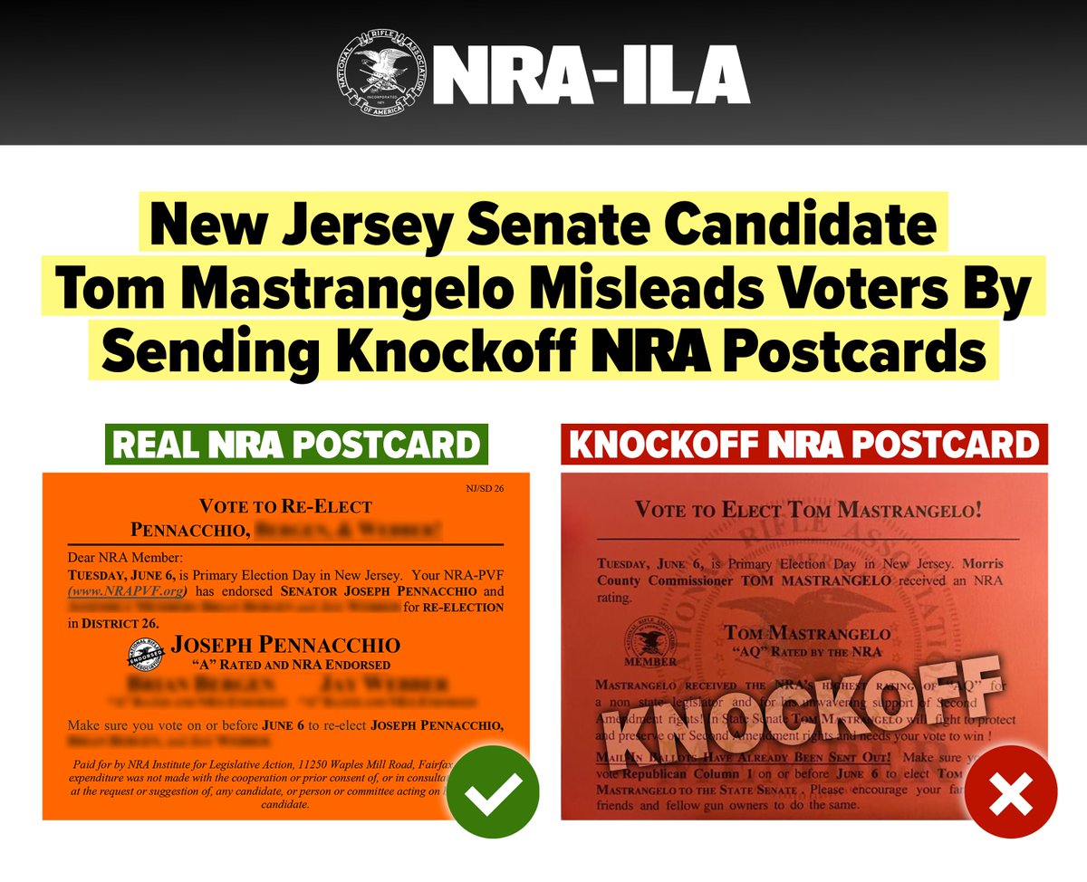 🚨ALERT: New Jersey Senate candidate Tom Mastrangelo is misleading voters by distributing knockoff NRA orange postcards.

Genuine NRA orange postcards inform voters about NRA-endorsed candidates.

Incumbent @JoePennacchio is the only NRA-endorsed candidate in this race. #njleg