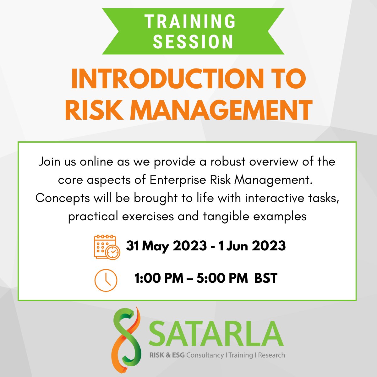 📚 Enhance your understanding of Risk Management! Join our online course, "Introduction to Risk Management," from May 31 to June 1, 2023. Limited spaces available! Register now at satarla.com. #RiskManagement #OnlineCourse #ProfessionalDevelopment