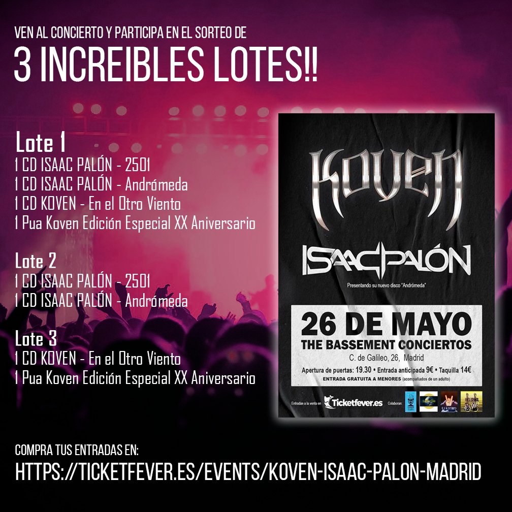Compra tu entrada para el próximo viernes 26 y entrarás en el sorteo de estos 3 lotes!

ticketfever.es/events/koven-i…

#isaacpalon #koven #concierto #metal