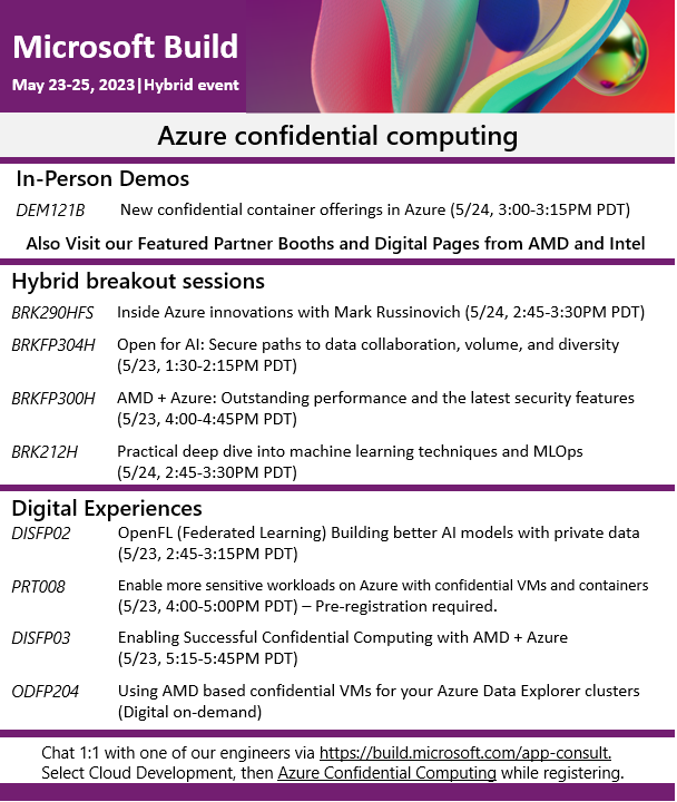 Looking forward to <a href="/Microsoft/">Microsoft</a> #BUILD next week.  So much to share from #Azure #ConfidentialComputing.

It's not too late to register. See you there or online! build.microsoft.com/home